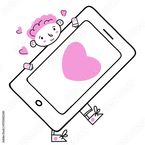 boy holding big phone with heart