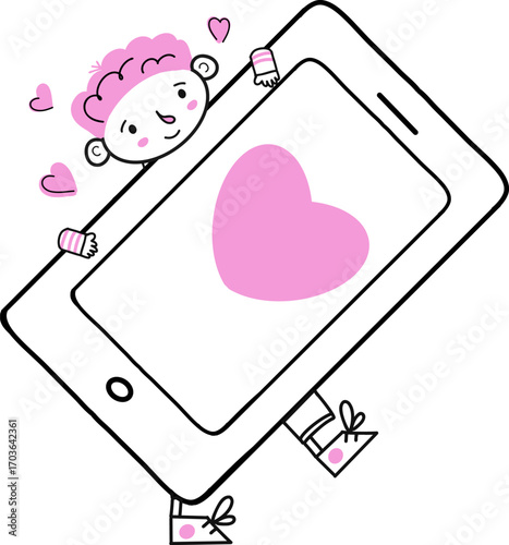 boy holding big phone with heart