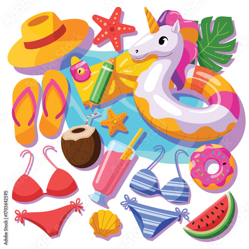 Summer Beach Vacation Fun Unicorn Float Flip Flops And Bikini Keywords: summer, beach, vacation