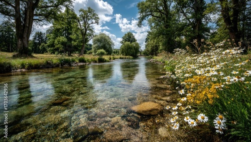 and keyword list based on the image

 Clear River Flows through Lush Green Meadow on a Sunny Summer Day.