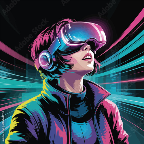 Woman with VR headset looking up with bright light beams in dark background virtual reality