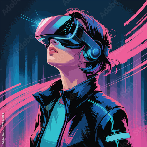 Woman wearing VR headset looking up with neon light streaks in background virtual reality