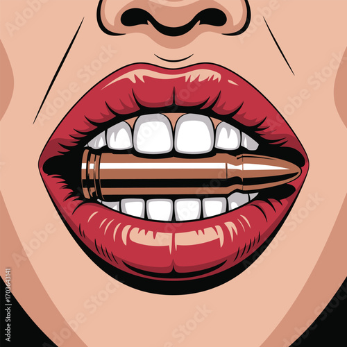 Woman's lips biting a bullet with white teeth against a black background mouth lipstick