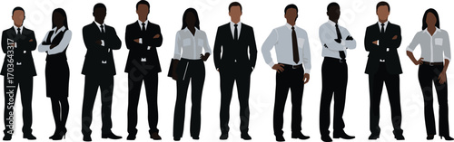 Diverse business team vector illustration, professional men and women in formal office attire, standing corporate people in business poses