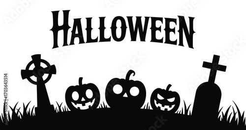 Halloween illustration with bold text, jack-o'-lanterns, gravestones, and grass silhouettes on white background, evoking spooky celebration