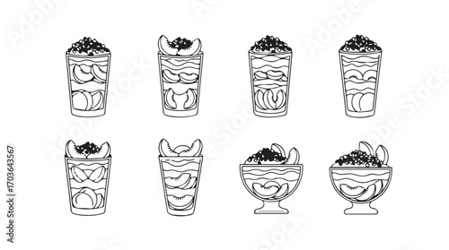 Collection of eight hand drawn tiki cocktail glasses silhouette for tropical drinks