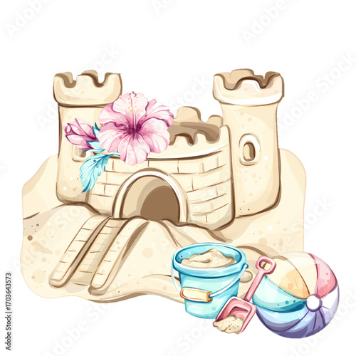 Build unforgettable memories at the beach with playful sandcastles, colorful beach balls, and vibrant flowers, celebrating the joy of summer holidays