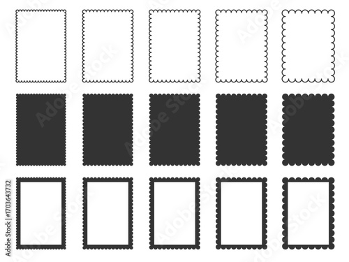 Various Scalloped frame collection. Decorative scallop edge rectangle frames set. Minimalist outline silhouette picture poster card template. Wavy border retro stamp. 