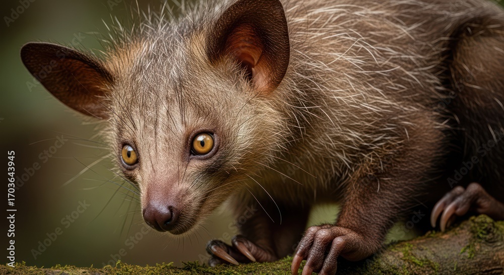 Naklejka premium Close-up portrait of an aye-aye lemur in natural forest setting.