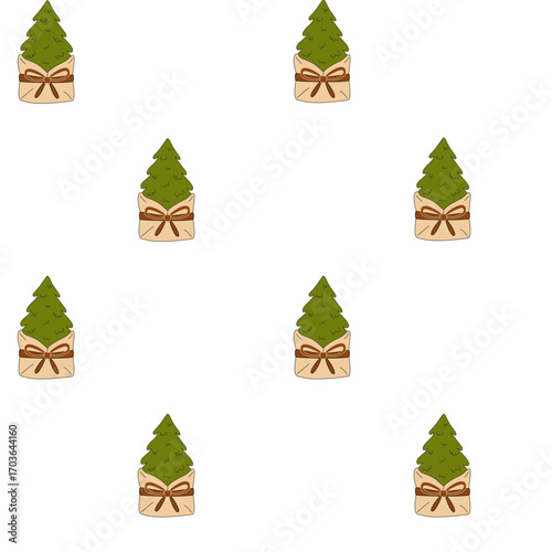 Cute seamless vector Christmas tree pattern in a sack with bow on white background. Festive holiday design for wrapping paper, textiles, decor.