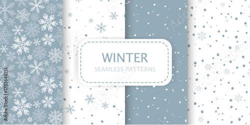 Snowy winter Holiday seamless Pattern set. Snow Flakes background. Cute Falling random flake. Simple Natural snowfall texture. Dotted pattern for Package wallpaper Christmas design