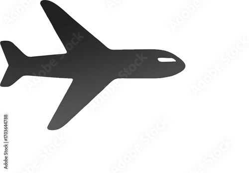 Silhouette of a commercial airplane in flight against a white background, symbolizing travel and aviation