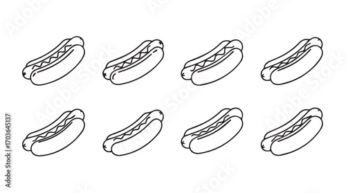 Eight identical hot dog silhouettes arranged in two rows on a white background