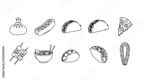 Collection of hand drawn fast food icons in silhouette style