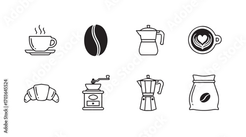 Collection of coffee related icons in a minimalist silhouette style
