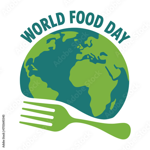 World Food Day illustration with green-blue Earth and fork icon, promoting global nutrition, food security, and sustainable agriculture awareness
