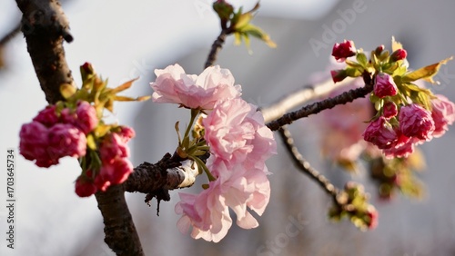 Closeup macro shot of pink cherry blossom blooms in Osaka Japan