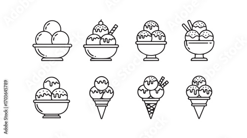 Collection of eight different ice cream desserts in bowls and cones silhouette