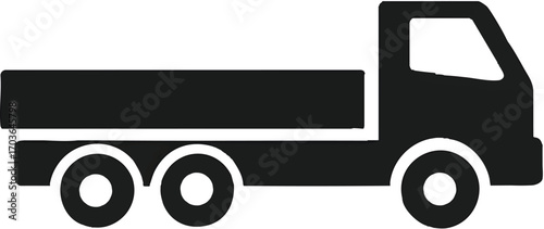 A black silhouette of a commercial dump truck, a flat vector icon representing transportation, logistics, and freight services isolated on a white background