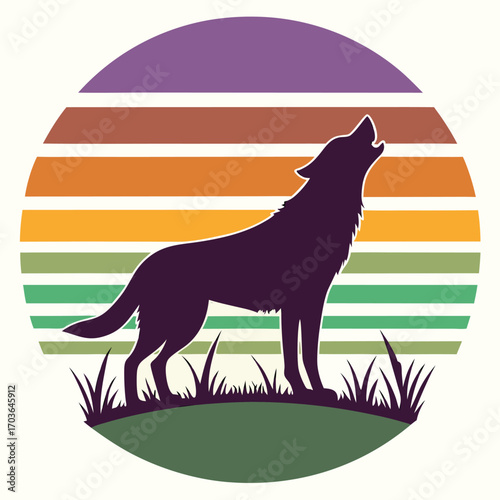 Vector art of silhouette of a wolf howling at a retro sunset with colorful stripes and grass