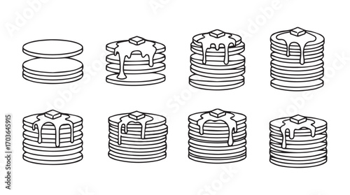 Collection of stacked pancakes with syrup drizzled silhouette