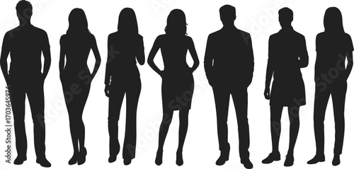 Group of standing people silhouettes, male and female figures vector, modern human poses collection, casual business style illustration