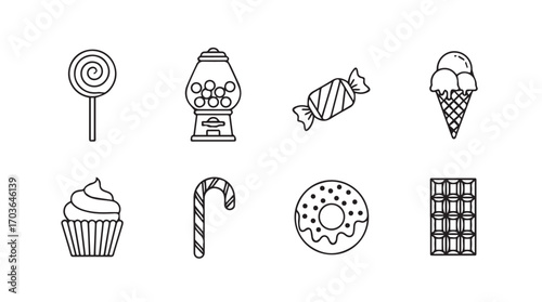 Collection of hand drawn sweet treats and candies in a simple outline silhouette style