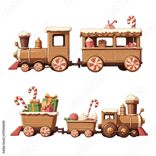 Cartoon Gingerbread Train with Bright Christmas Gift Details