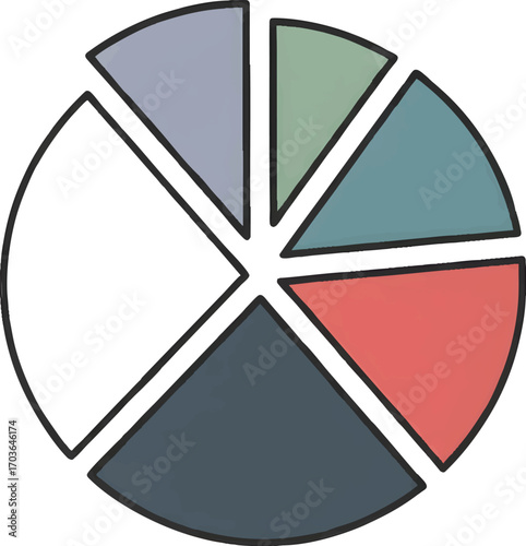 Stylized pie chart illustration with six colored segments, representing data visualization, analytics, and statistical information for reports