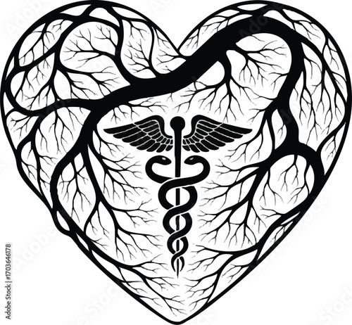 A detailed illustration of a human heart formed by intricate blood vessels with a central Caduceus, symbolizing cardiology and healthcare