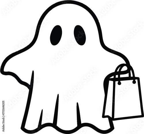 Spooky shopper ghost icon carrying a bag, simple black and white line art for Halloween-themed commercial concepts