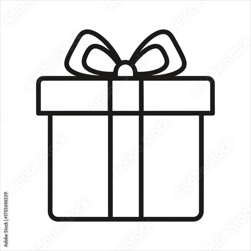 Black outline gift box with ribbon and bow on white background present