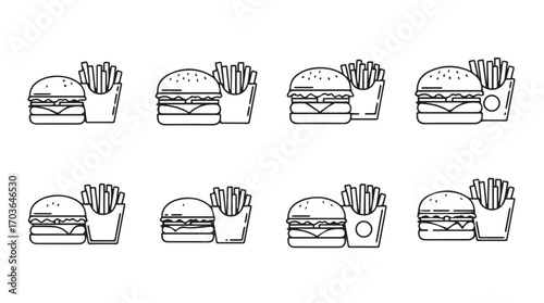 Collection of eight simple line art hamburger and french fries icons silhouette