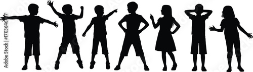 Playful kids silhouettes in various poses – diverse children having fun, joyful boys and girls standing, happy childhood vector illustration