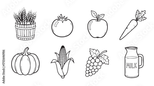 Collection of hand drawn silhouette farm fresh produce and harvest items