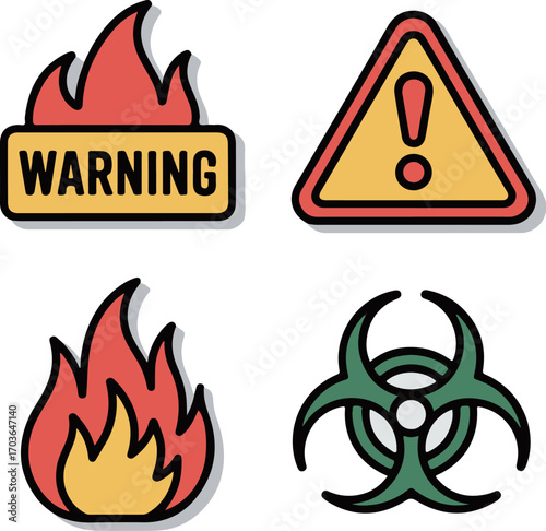 A yellow triangle warning sign with a flame symbol indicates a fire hazard or flammable risk