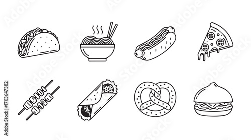 Collection of diverse fast food and snack icons in a simple silhouette style