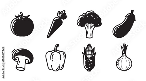 Collection of eight colorful cartoon vegetables in a simple silhouette style