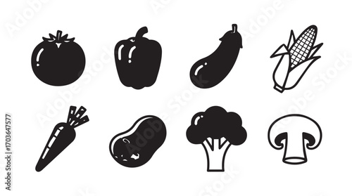 Collection of eight colorful vegetable icons in a simple silhouette style