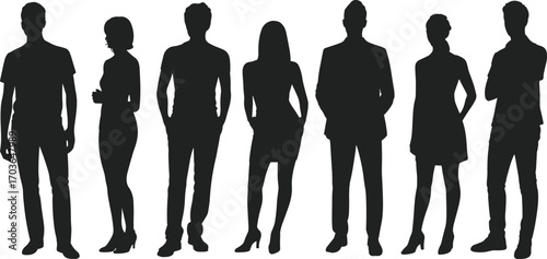 Standing people silhouettes, group of men and women vector, human figure collection illustration, casual and business posture icons