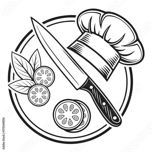 Vector art of chef hat and knife with sliced fruit and leaves