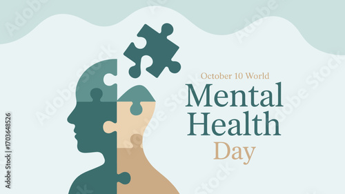World Mental Health Day illustration with puzzle-piece human head and soft background, symbolizing emotional complexity and global awareness