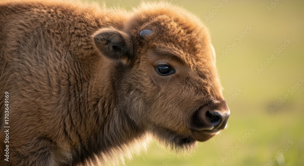 Fototapeta premium Profile of a young bison calf in a grassy field, eye level view