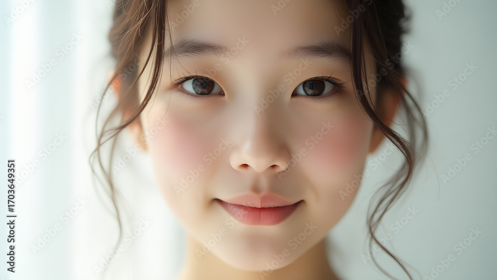 Fototapeta premium Young Asian woman smiling softly with natural light background 