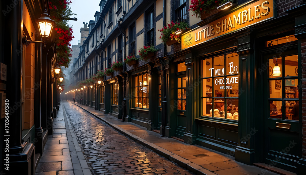 Naklejka premium Evening view of the historic Little Shambles street in York, England, with shops.