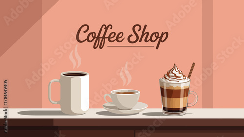 Coffee shop illustration with three steaming beverages on counter, warm background, and cursive text, evoking cozy café ambiance and variety