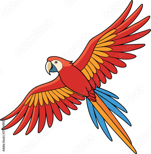 Vector art of a vibrant red, yellow, and blue macaw parrot in flight, isolated on a