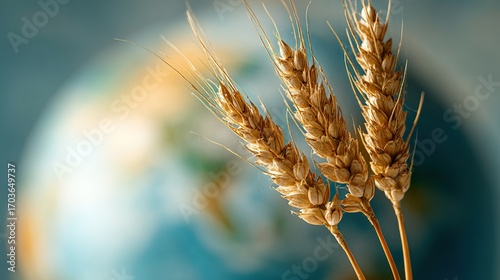Close-up of golden wheat stalks with blurred Earth globe in background, symbolizing World Food Day, global food security, sustainable agriculture, and harmony between nature and humanity