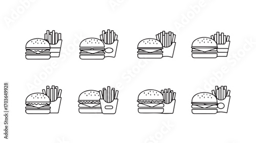 Collection of eight simple outline hamburger and french fries icons silhouette