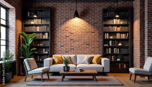 Wallpaper Mural A modern living room interior design featuring a brick wall, sofa, bookshelves and chairs. The room is illuminated with pendant lighting Torontodigital.ca